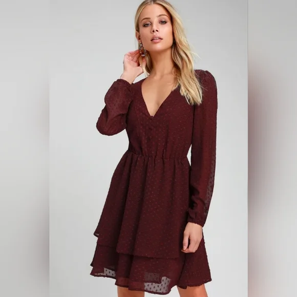 Lulus | Dresses | Lulus Brilliant Love Burgundy Swiss Dot Long Sleeve  Skater Dress | Poshmark